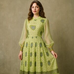 Vintage Alfred Shaheen Maxi Dress 70s Green Floral Metallic Pleated Sheer Sleeve